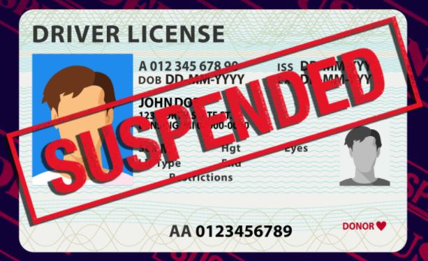 Cartoon image of a driver's license with the word "Suspended" across it in red