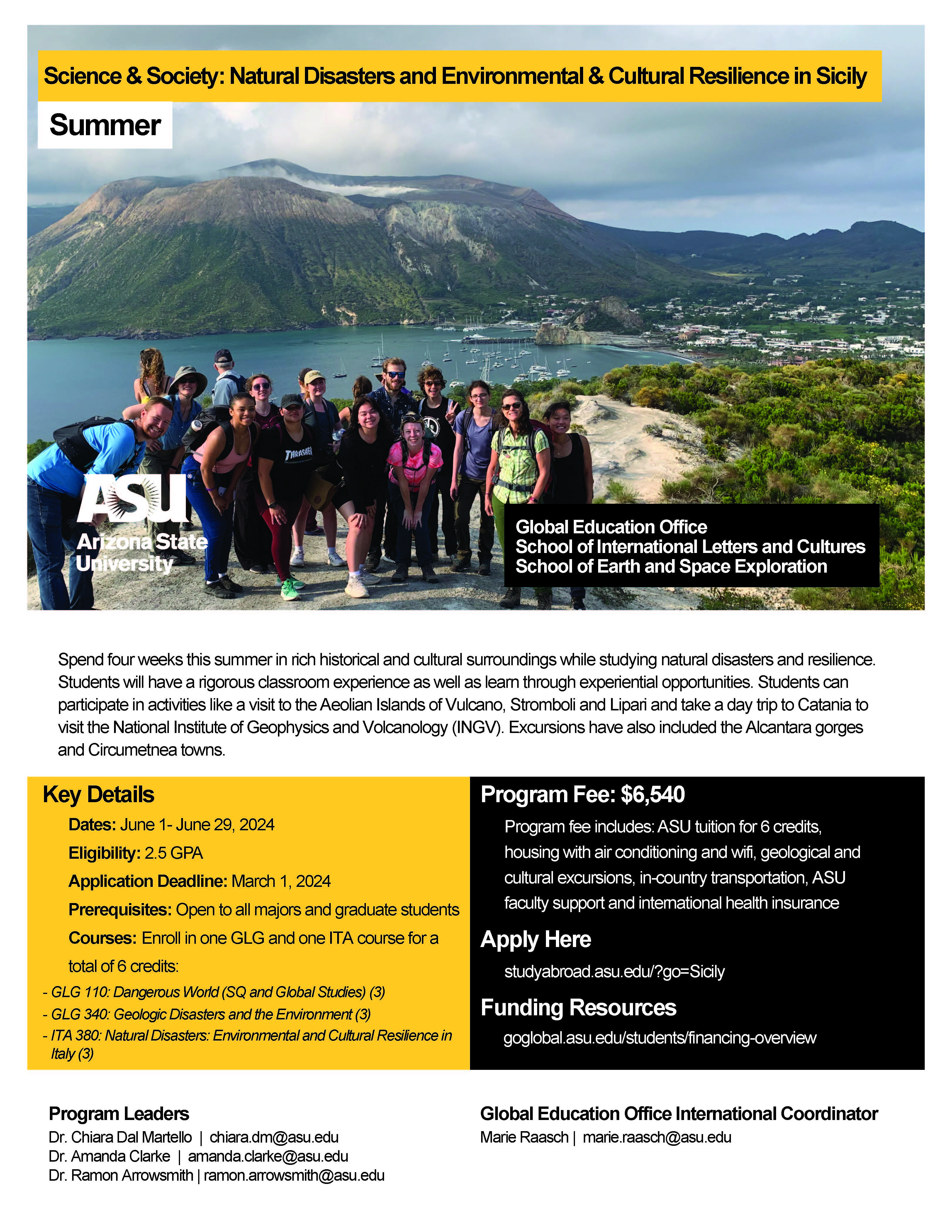 This image is flyer for this experience (Science and Society in Sicily) that will be held in summer 2024. The information found in this flyer is presented in the webpage for this experience.