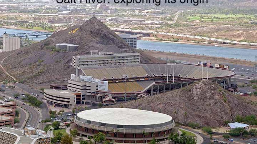 Photo of ASU stadium with A Mountain and the Salt River in the background