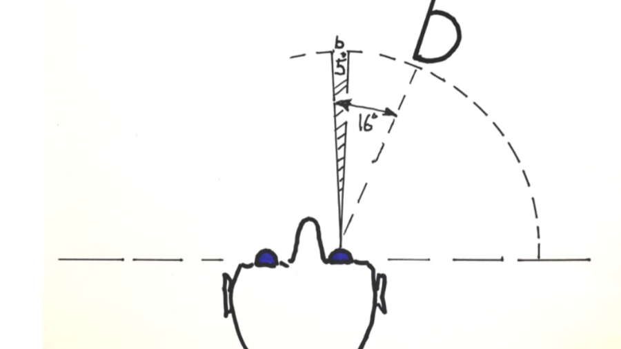 hand drawn image of a person's head from the top down view.  There is a line drawn from the person's point of view looking straight ahead.  Another line is drawn at a slight angle from the other line to note the person's peripheral vision 